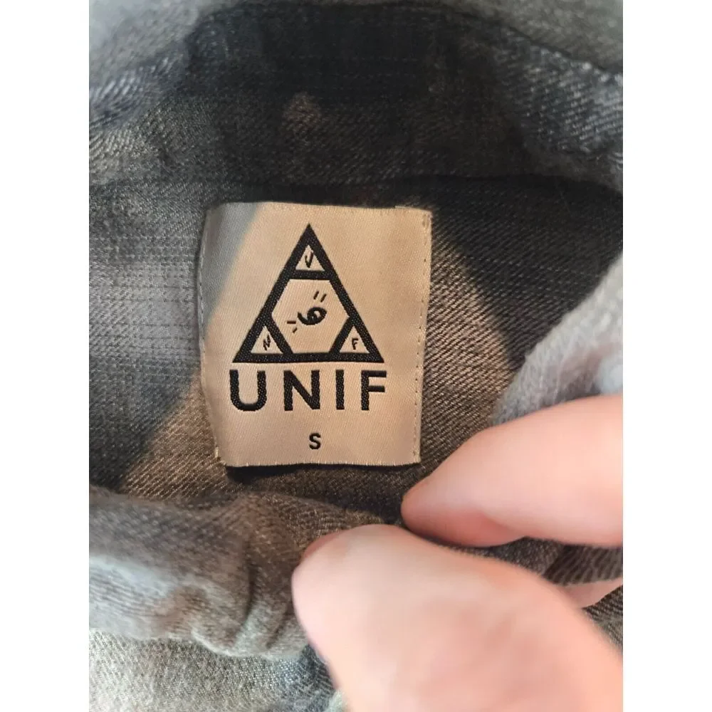 VTG UNIF Men's Small Plaid Flannel Chambray Blue & Beige‎ Button Up Grunge Woods